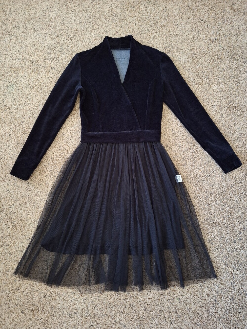 Black Long-Sleeve Velvet & Tulle Wrap Dress